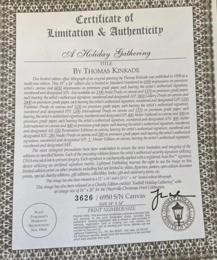 Thomas Kinkade Holiday Gathering With Kinkade Hand Signed COA - Image 2